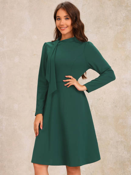 Allegra K - Tie Mock Neck Long Sleeve Midi Dress