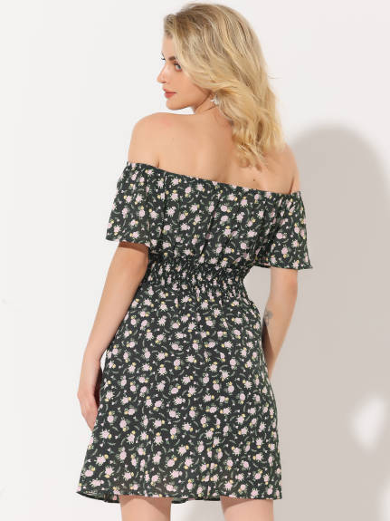 Allegra K- Ditsy Floral Off Shoulder A-Line Smocked Dress