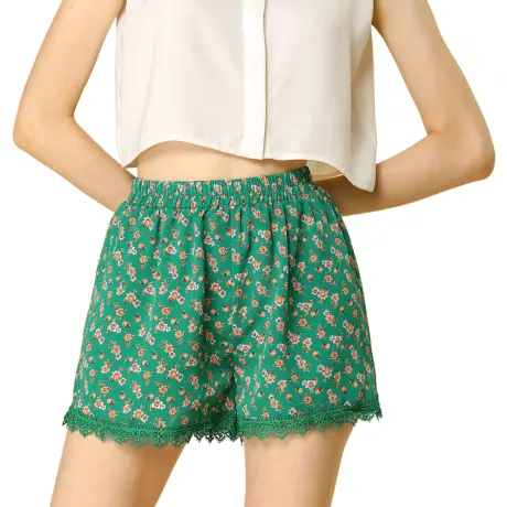 Allegra K - Summer Floral Printed Lace Trim Beach Shorts