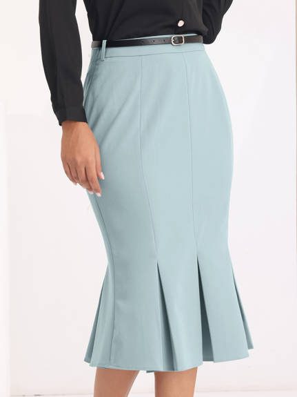 Hobemty- Below Knee Lenght Fishtail Skirt with Belt