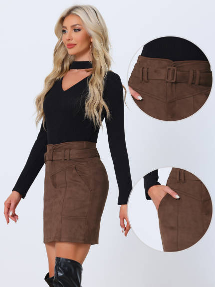 Allegra K - Faux Suede High Waist Belted Skirt