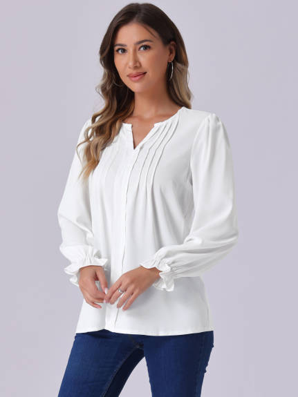 Allegra K - Split Neck Pleated Long Sleeve Blouse