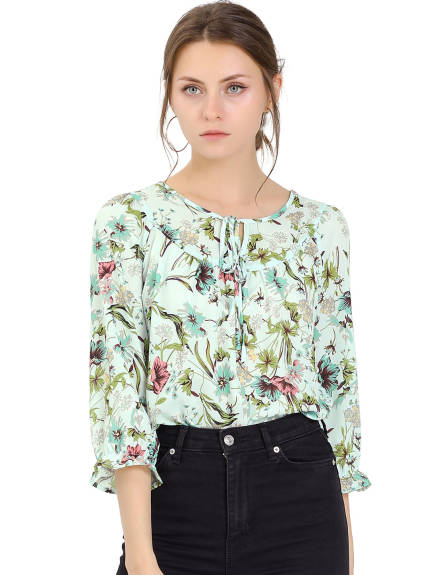 Allegra K- Tie V Neck Ruffled 3/4 Sleeve Floral Blouse