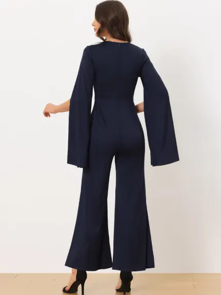 Allegra K - Slit Long Sleeve Wide Leg Jumpsuit