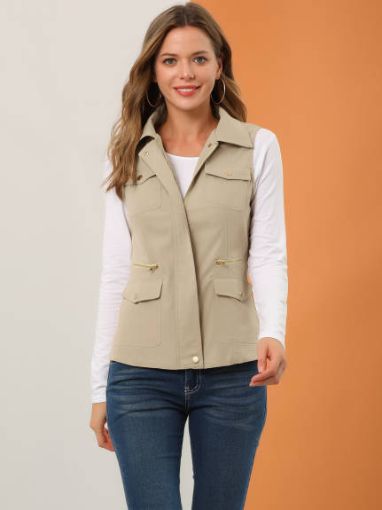 Allegra K- Zip Up Jacket with Pockets Cargo Utility Vest