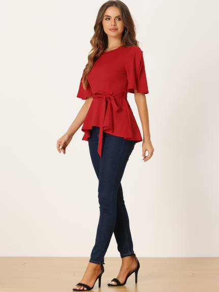 Allegra K- Split Half Short Sleeve Self Tie Waist Peplum Top