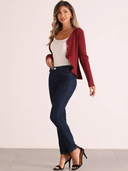 Allegra K - Long Sleeve Ruffle Cropped Knit Cardigan