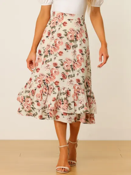 Allegra K- Printed Chiffon Ruffle Tiered Zipper Midi Skirt