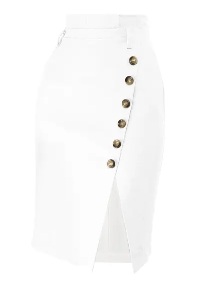 Allegra K - Button Decor Split Belted Pencil Skirt