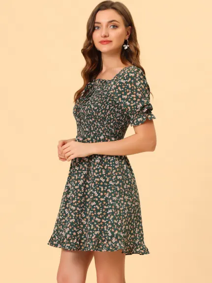 Allegra K- Puff Sleeve Square Neck Ruffled Hem Floral Smocked Dress