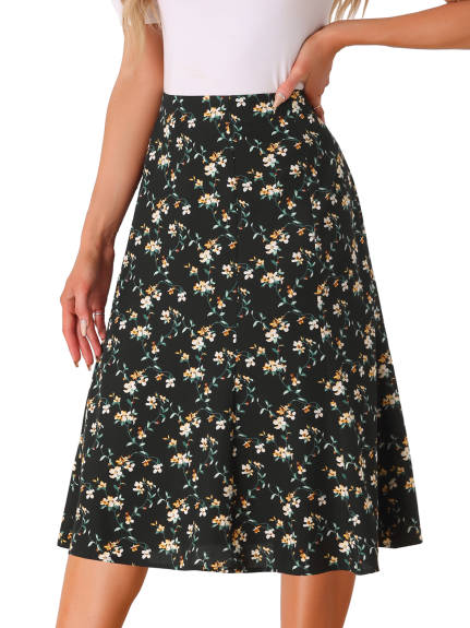 Allegra K- Elastic Waist A-Line Midi Leave Print Skirt