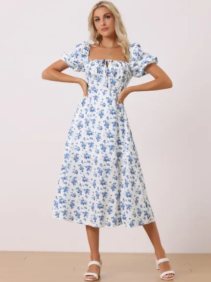 Allegra K - Robe longue à fleurs avec col noué et manches bouffantes fendues