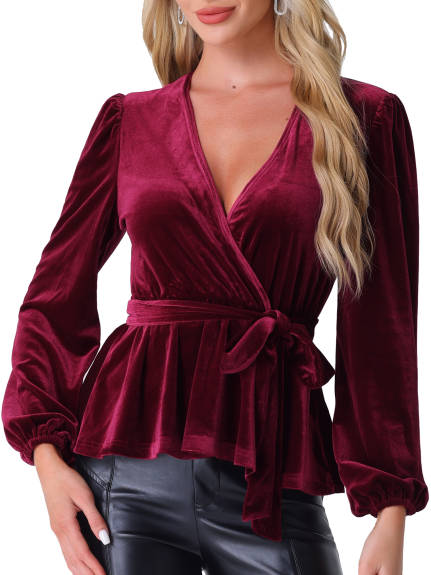 Allegra K - Velvet Wrap Tie Waist Peplum Blouse