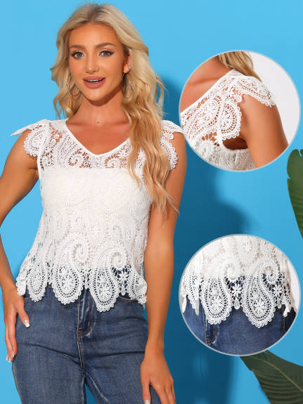 Allegra K- Lace Sheer Summer Boho Blouse