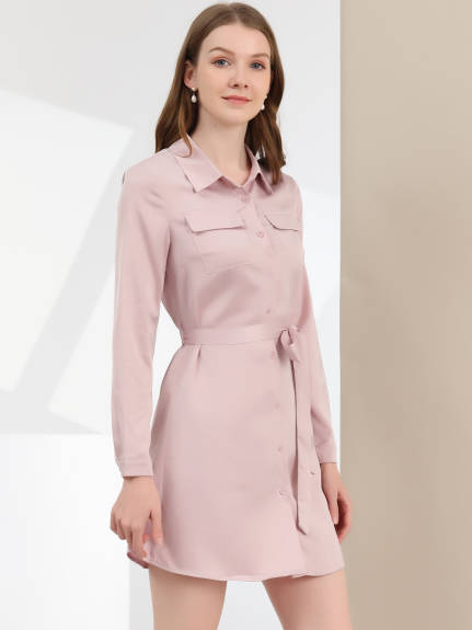 Allegra K- Button Down Satin Shirt Dress