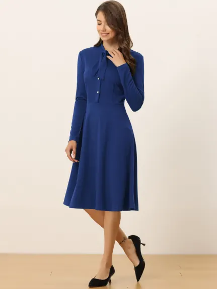 Allegra K- Tie Neck Knit Long Sleeve Midi Sheath Dress