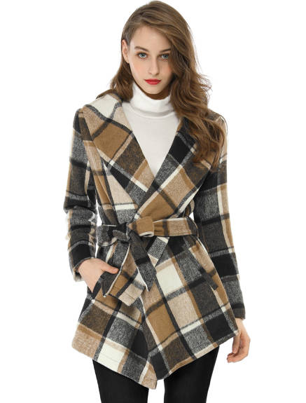 Allegra K- Turn Down Collar Asymmetric Hem Plaids Coat