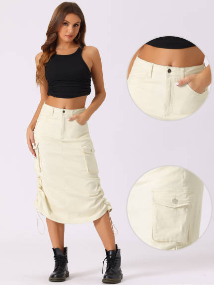 Allegra K- Flap Pocket Back Slit Drawstring Midi Cargo Skirt