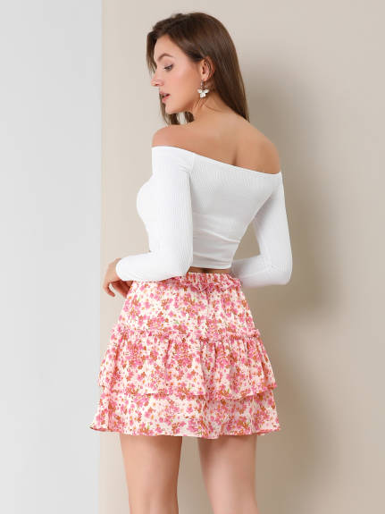 Allegra K- Layered Ruffle Elastic Waist Floral Mini Skirt