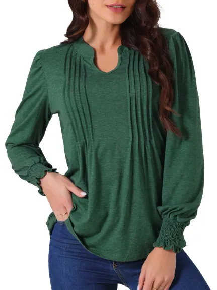 Allegra K - V Neck Long Sleeve Pleated Tunic Blouse