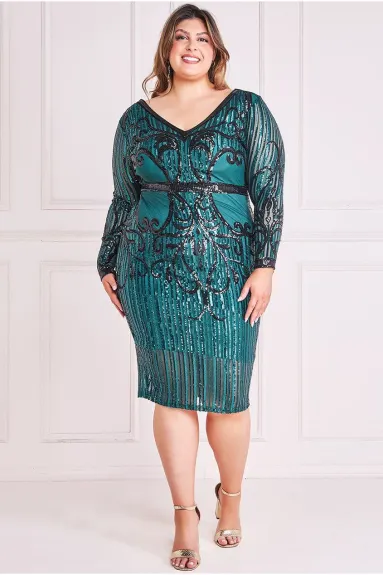 Goddiva - Sequin Mesh V Neck Midi Dress - Plus size