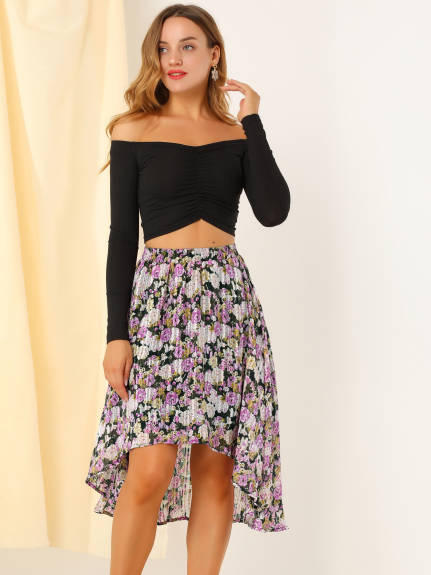 Allegra K- High Low Hem A-Line Midi Floral Skirt