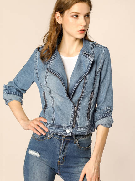 Allegra K- Notched Lapel Asymmetric Zip Moto Denim Jacket