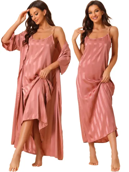 cheibear - Satin 2Pcs Stripe Nightgown with Robes