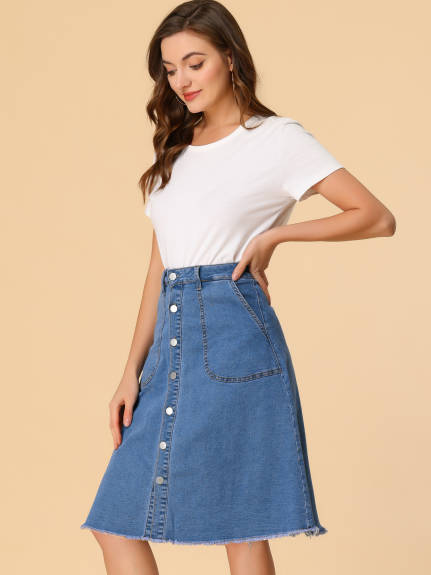 Allegra K- Raw Hem Button Down Denim Skirt