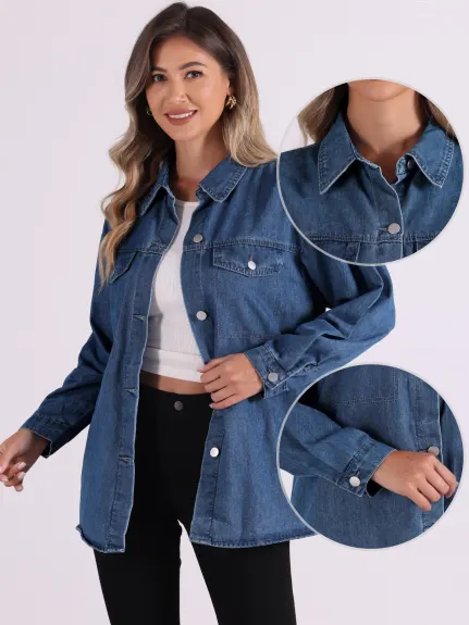 Allegra K - Long Sleeve Oversized Denim Jacket