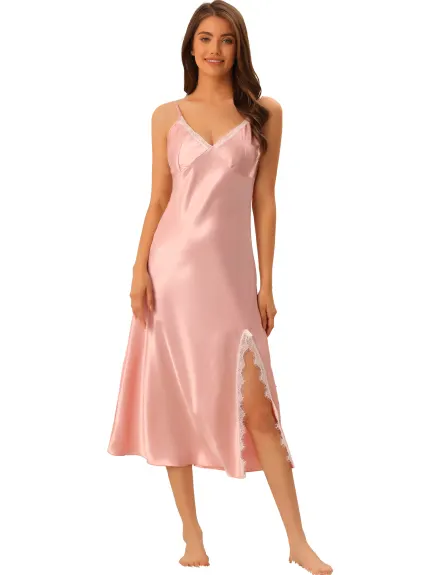 cheibear - Silky Split Hem Satin Lingerie Nightgown