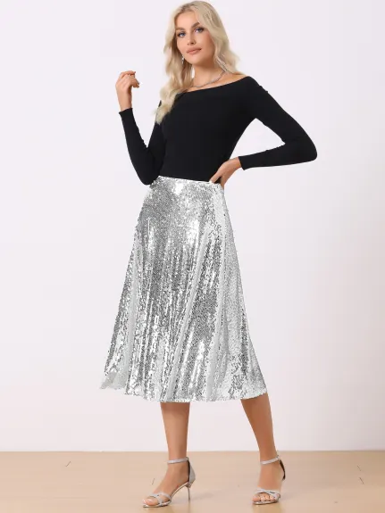 Allegra K- Sparkly Glitter Flare Midi Skirt