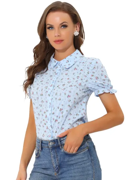 Allegra K - Chemise en coton fleuri à manches courtes et à volants