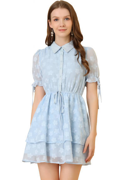 Allegra K- Peter Pan Collar Floral Drawstring Chiffon Layered Dress