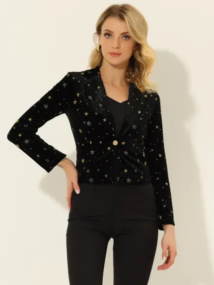 Allegra K- 1 Button Velvet Blazer Lapel Crop Suit Jacket