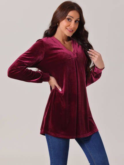 Allegra K - Velvet V Neck Long Sleeve Blouse