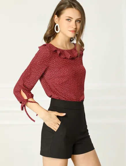 Allegra K- Ruffled Neck Half Sleeve Sheer Polka Dots Blouse