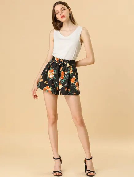 Allegra K - Printed Elastic Tie Waist Summer Beach Shorts