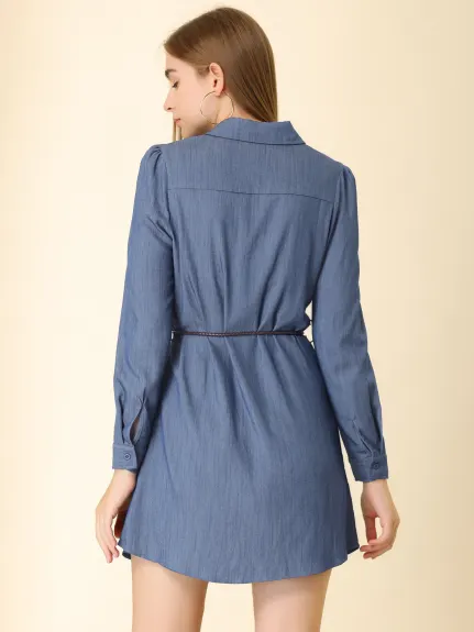 Allegra K- Puff Long Sleeve Belted Chambray Dress