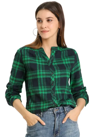 Allegra K- Plaid V Neck Long Sleeve Blouse Shirt