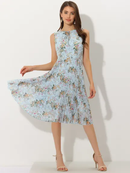 Allegra K- Floral Print Knee Length Sleeveless Pleated Dress