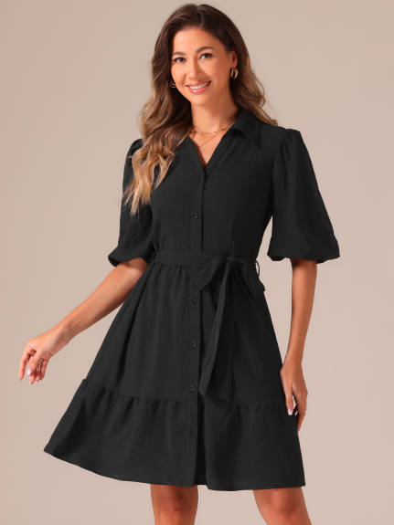 Allegra K - Robe chemise à manches bouffantes ceinturée