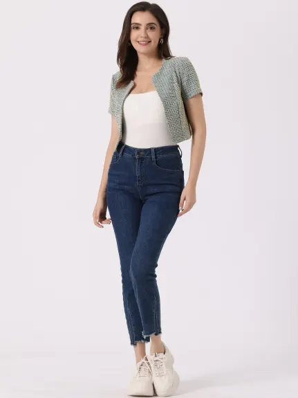 Allegra K- Short Sleeve Crop Tweed Cardigan