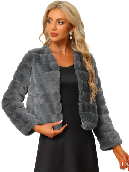 Allegra K- Cropped Collarless Faux Fur Fluffy Coat Jacket