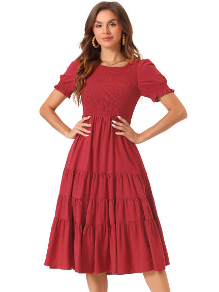 Allegra K- Peasant Smocked Short Sleeve Midi Tiered A-Line Dress