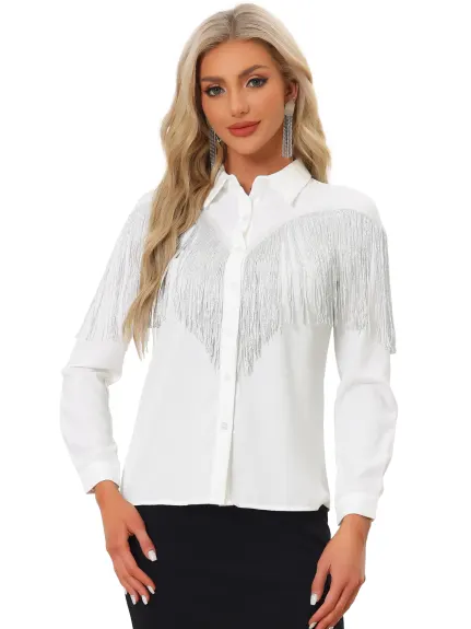 Allegra K - Long Sleeve Fringe Party Shirt