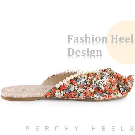 Allegra K - Floral Print Peep Toe Slip-on Pearl Flat Slides