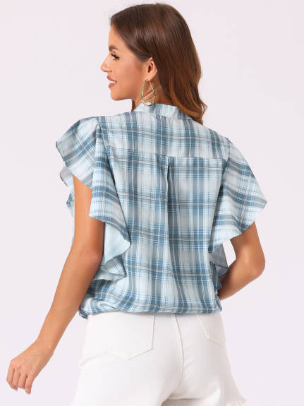 Allegra K - Plaid Ruffle Short Sleeve Summer Shirt