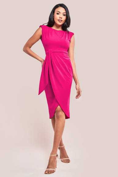 Goddiva - Sleeveless Asymmetric Wrap Midi Dress