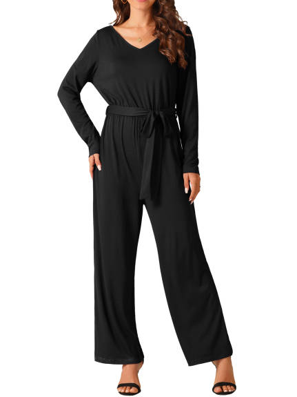 Allegra K - V Neck Long Sleeve Belted Jumpsuit